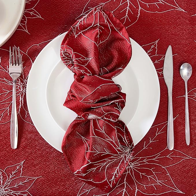 Laura Ashley Napkins Raised Woven Embroidered Jacquard Fabric, Wrinkle Resistant for Dining, Holiday, Party, Wedding or Banquet, Set of 6 Napkins, Poinsettia Red