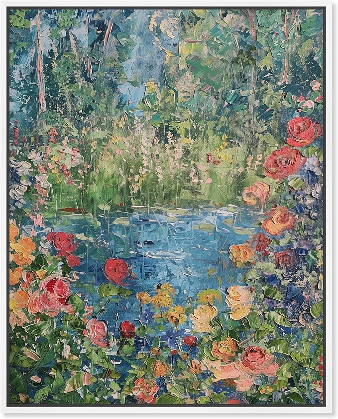 Art Remedy Serene Escape Framed Impressionism 1 Piece Canvas Wall Art/Monet And Van Gogh Inspired Art, 37" x 46", White Frame