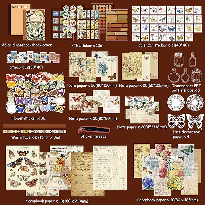 emmoolife Vintage Aesthetic Scrapbooking Supplies Kit, Butterfly Junk Journal Scrapbook Kit with Journaling Supplies, A6 Grid Notebook, Stationery, Birthday Craft Gift Set for Teen Girl Kid Women