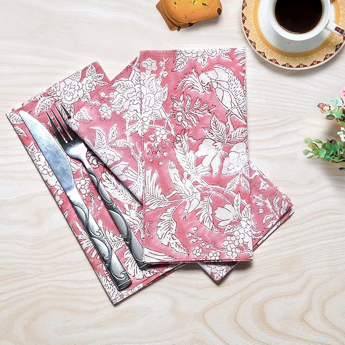 CPC Cloth Napkins 100% Cotton Set of 4 Reusable Napkins, Indian Block Print Toile Floral Dinner Napkin, Fall Thanksgiving Christmas Holiday Party Gift - Soft Absorbent Napkin, 18"x18" Pink Coral