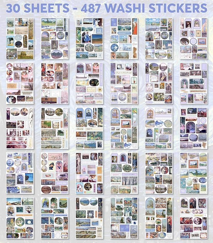Vintage Journaling Supplies for Junk Journal - 487 Scrapbooking Stickers & 20 Ephemera Papers Washi Stickers with Art Famous Paintings