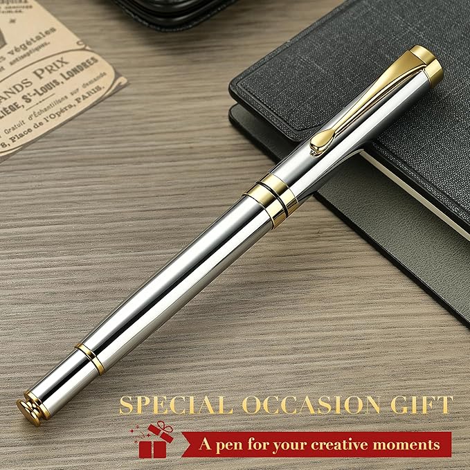 BEILUNER Ballpoint Pens, Stunning Bright Silver Chrome Metal Pen with Golden Trim, Best Ball Pen Gift Set for Men & Women, Professional, Executive, Office,Fancy-Gift Box with 0.5mm Black Extra Refill