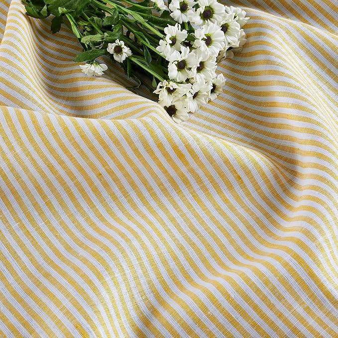 Solino Home Linen Striped Table Runner 60 Inches - Narrow Stripe, 100% Pure Linen Spicy Mustard and White Small Table Runner 14 x 60 Inch Ideal for Dresser and Coffee Tables, Spring, Easter